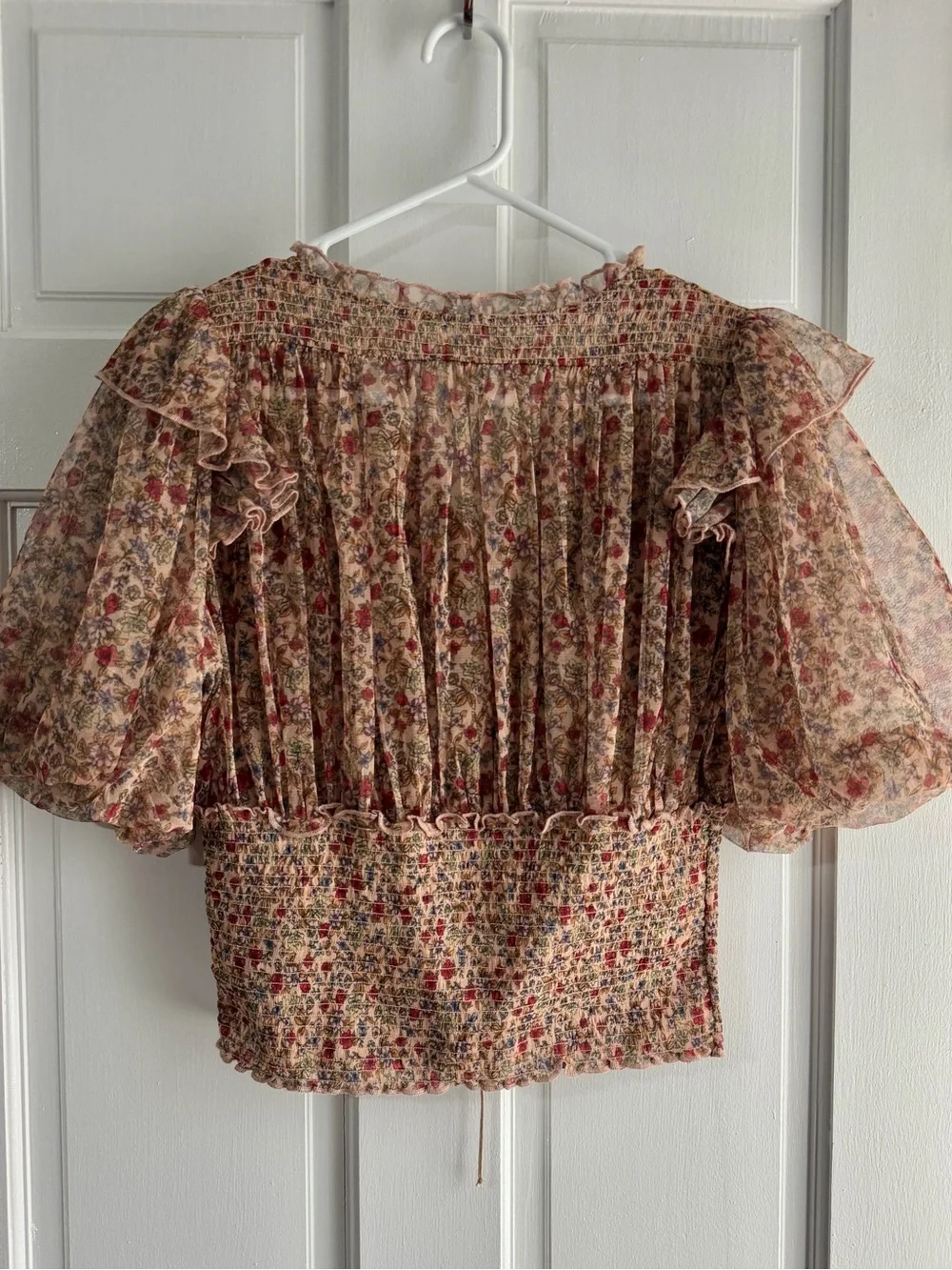 Free People Sheer Floral Smocked Blouse - Beige with Red & Green